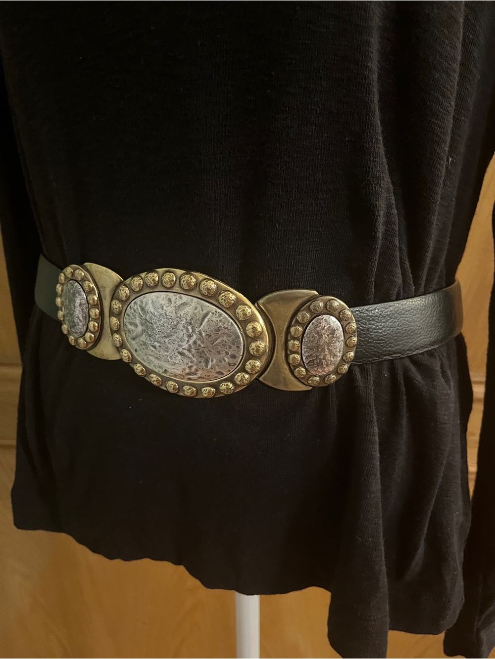 S/M Chico's Vintage Black Leather Gold Silver Medallion Buckle Adjustable